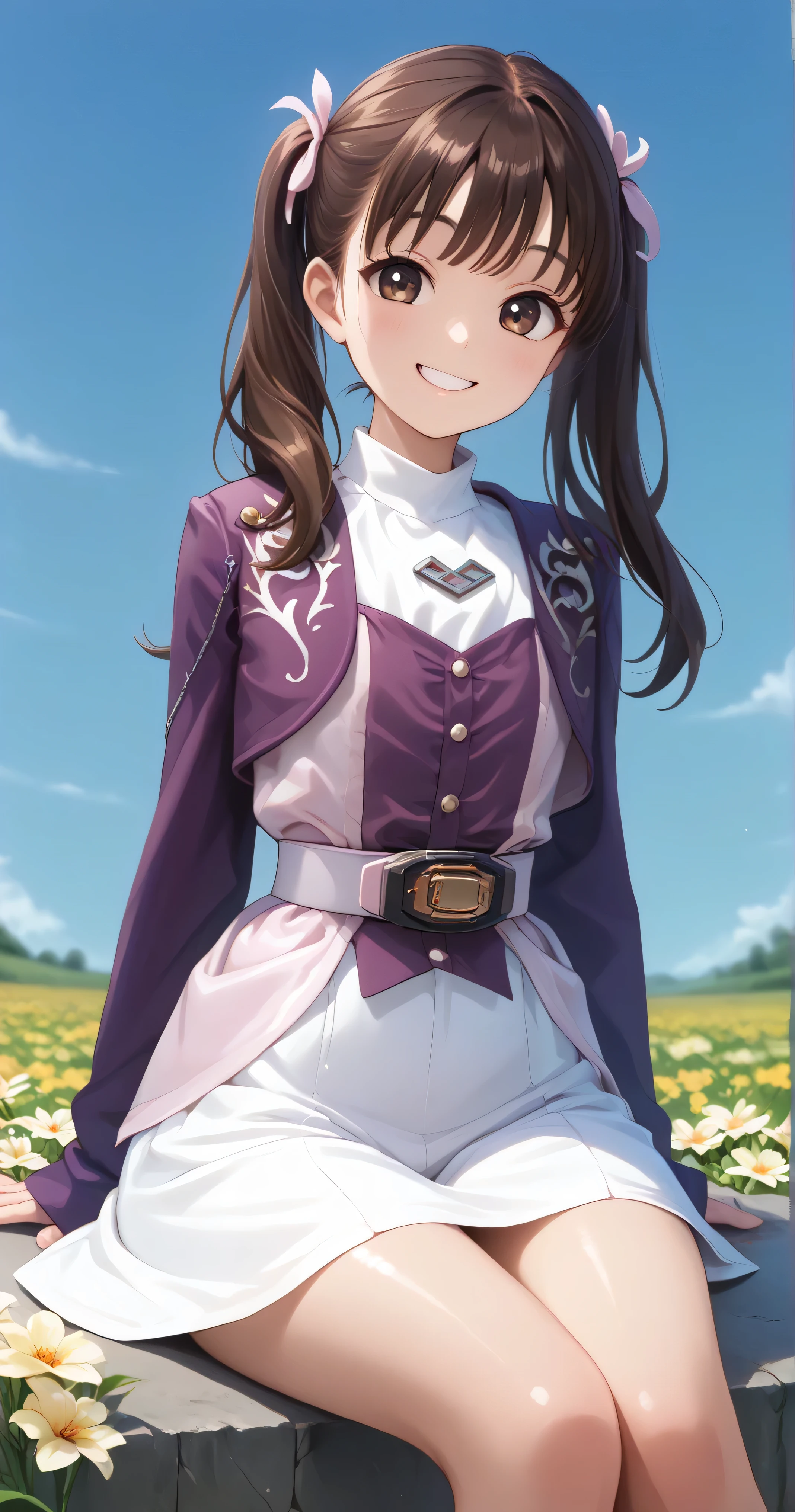 (高精細CG), (top quality),((frontal view)), ((Flower field background)),((Composition showing the top from the waist)),((Lower your arms)),(( 1girl )),perfect face, shiny skin , wide hips, Thin Waist, purple bolero jacket, Long Sleeve, (((white skirt))), pink belt , ((brown hair)),((Straight Hair)),((sitting)),((Smiling Face)),