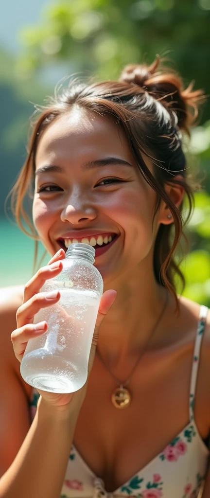 A radiantly happy individual is seen taking a drink from a vibrant, colorful water bottle, set against the backdrop of a high-quality, fully detailed image. The scene is set in an outdoors environment, surrounded by lush, emerald green vegetation, and a clear, azure blue sky. The individual's joyful expression adds a vibrant energy to the scene, making for an uplifting and invigorating image. The focus is primarily on the water bottle itself, which is prominently featured in the frame, and the natural light illuminates the scene, casting dappled shadows and highlighting the intricate details of the bottle. This image could be used as a promotion for
