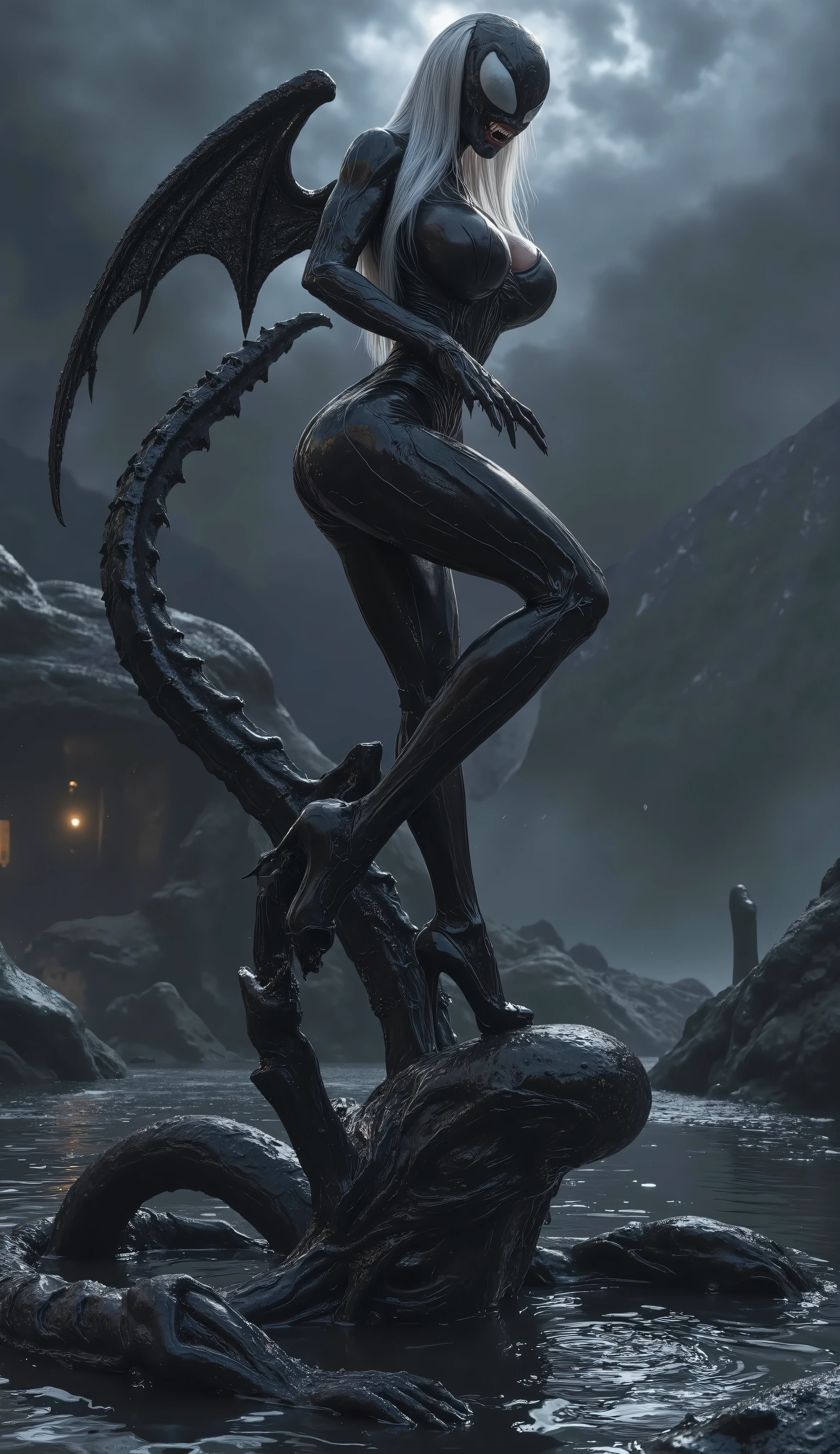 4K, realistic, sexy, detailed a sexy girl body enters the black water and becomes venom, black body, chest and belly exposed under the puddle made of venom, body collapses (white) she wears a black spider suit (young 1), the girl bows her head, surrounded by venom (black spider, ali3n), ((alien mask)) ,(standing), (from front), ((((She has black wings made of black slime)))), (((horror style))), (((erotic model pose))), (((long white hair))), ((ultra sexy body)), (((venom face mask))), (((dark strom and mountain on a background))), (((platform high heels))), ((full body)), ((sexy legs on focus)), (((sexy garter belts))), (((nude))), nude, (nude body)