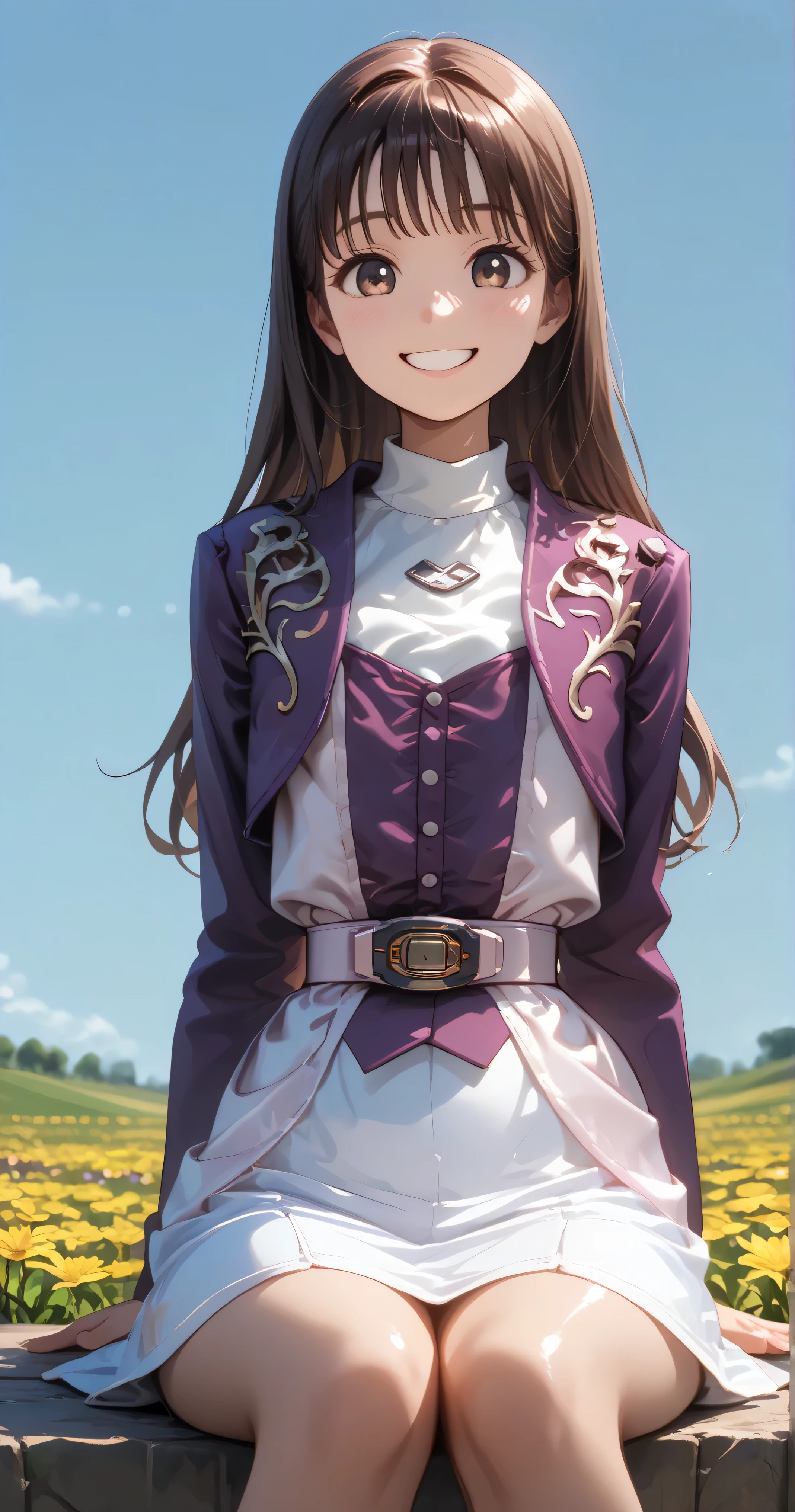 (高精細CG), (top quality),((frontal view)), ((Flower field background)),((Composition showing the top from the waist)),((Lower your arms)),(( 1girl )),perfect face, shiny skin , wide hips, Thin Waist, purple bolero jacket, Long Sleeve, (((white skirt))), pink belt , ((brown hair)),((Straight Hair)),((sitting)),((Smiling Face)),