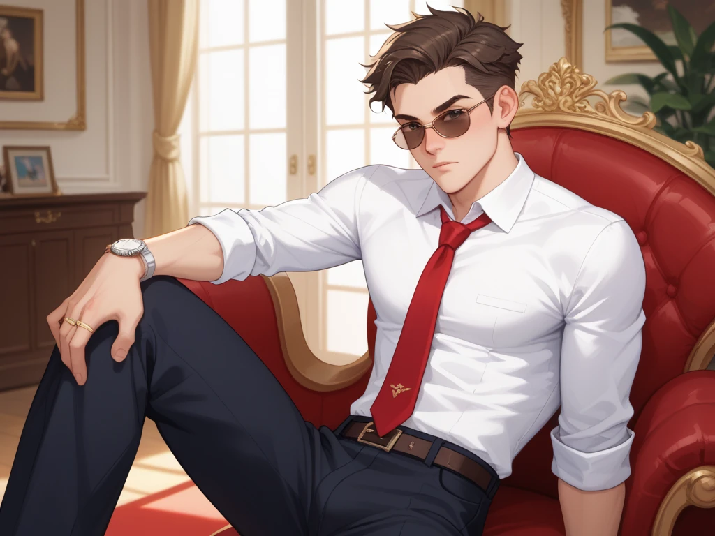(1 Adult male),A high resolution, Sharp focus, Pixiv masterpiece, ((Complicated details)), highly detailed, natsuki_subaru, 1 man, with her mouth open,drools,full bodyesbian,sit astride,Crotch view, Golden eyes(eyes glowing), with short golden hair,white shirt,Wear a tie,Wear a belt,perspire,look from down