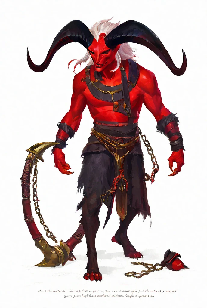 A red skinned male tiefling with red hair with one side shaved, has four horns with one being broken, has teal eyes, has scars, holds a battle axe, is haunted by the hundreds of voices in his brain, loves to kill,