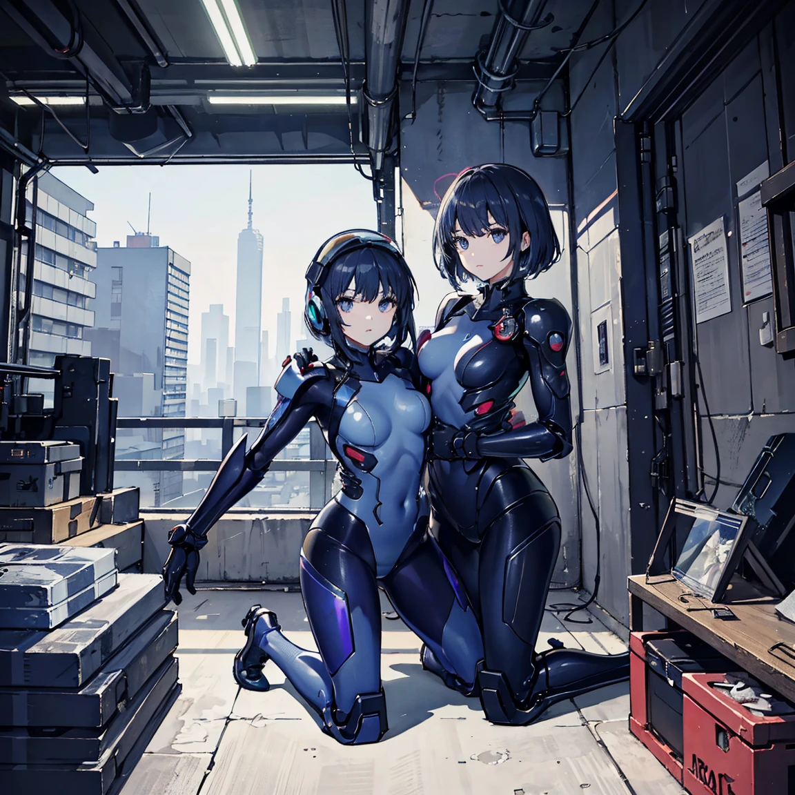 (masterpiece, highest quality, highest resolution, distinct_image, detailed details): (Solo, Girl Alone, Face is Japan Person, Short Cut, Girl with Black Hair, (Perfect Body: 1.4), Sparkly blue color eyes, Pilot suit in white and blue color, Tight fit clothes, Clothes covering the whole body, Very delicate and beautiful, detailed skin, Slim body, Exoskeleton, gentle smile, heroine, headset, boots, front, facing the viewer), inside the spaceship