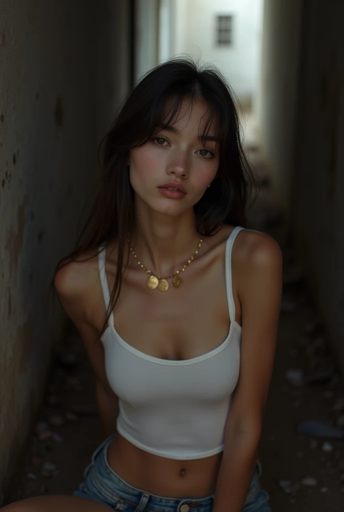 (((Elle Graham:1.5))), (((:1.3))) cute teen, cute, (((young face:1.3))), (((adolescent body proportions:1.3))), youthful appearance, ((tight hair bun:1.1)), small perfect breasts, flat chested, slim figure, skinny, runner's body, narrow hips, thin lips, narrow lips, with a terrified expression, totally nude, (exposed breasts), realistic nipples, anatomically correct nipples, (vagina), artful nudity, (full frontal nudity), (highdetailskin:1.2), 8K UHD, Digital SLR, Soft lighting, High quality, Fujifilm XT3, perfect figure beautiful woman:1.4, Slim abs:1.1, RAW photo. Full body view, saliva, sweating, wearing a soaking wet white cotton tank top and a white sheer lace high-cut thong, with dollar bills sticking out of her top, with stiletto heels, as a fashion model, photoshoot, on the street in a ghetto neighborhood at night, trash and garbage everywhere, standing, (standing against the wall), standing obediently, ((standing at attention)), spreading her legs, lying down, on her back, (bending over), ((dancing)), action, playful, cheering, frolicking, motion, teasing, confident. Random poses, cowboy shot.