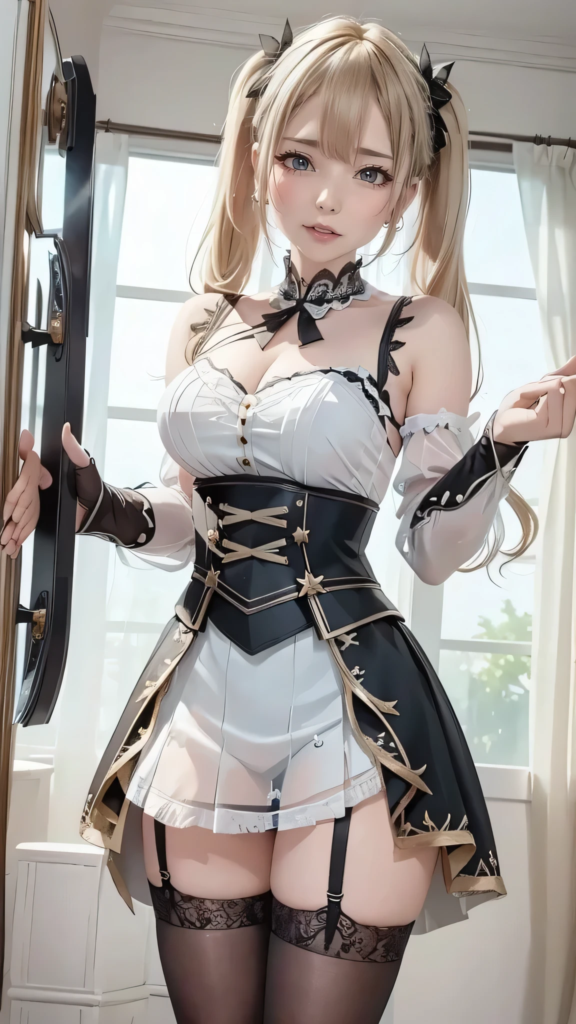 ultra detailed, sharp focus, best quality, masterpiece, colorful, mariacampbell, 1girl, blonde hair, full body shot, blush, intricate details, glossy lips, full lips, standing, strapless corset, indoors, thigh highs, high heels
