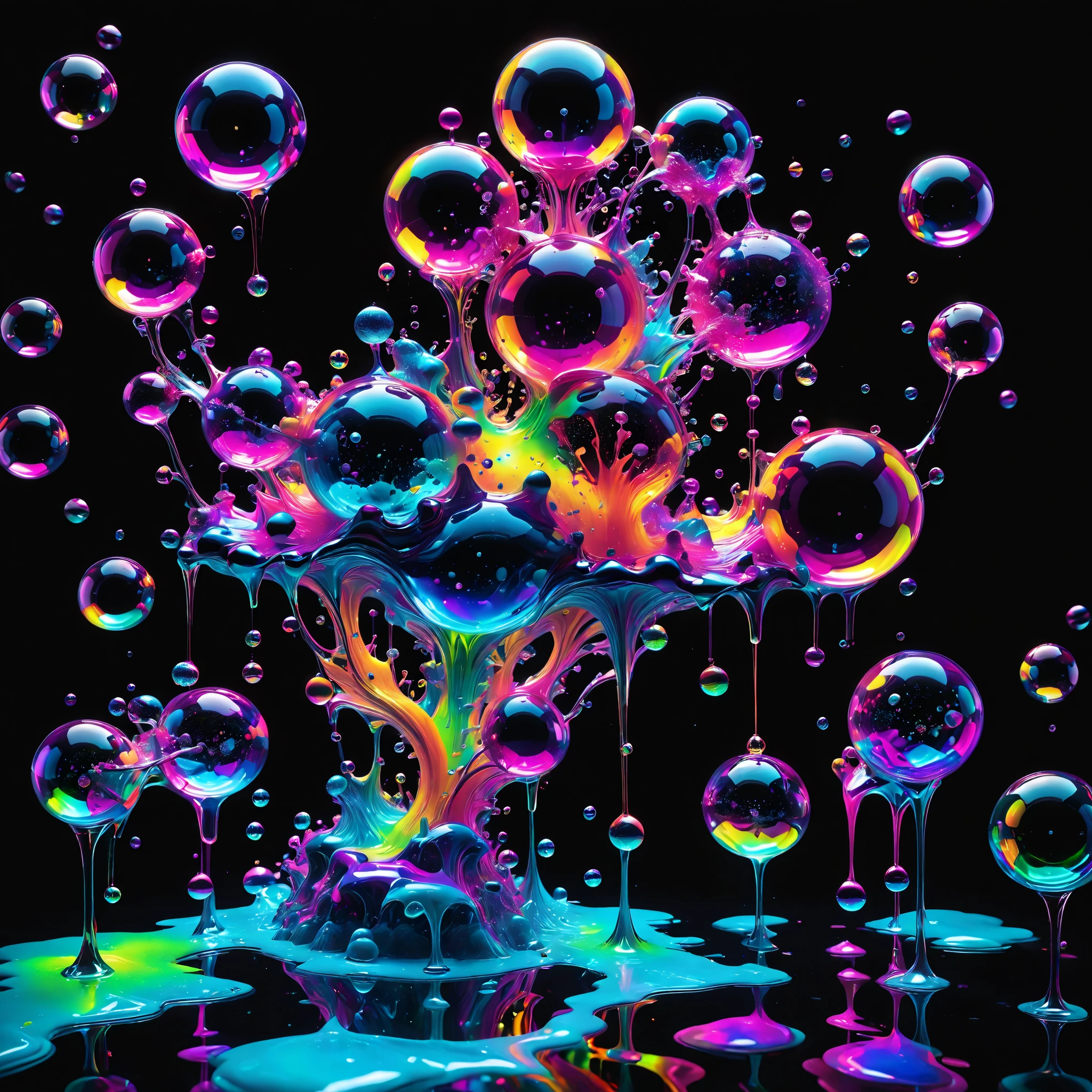 Ultra-realistic, ultra-detailed, photo-realistic, cinematic lighting, cinematic portrait, cinematic photography, portrait photography, cinematography, full focus, UHDR, hyperrealistic,3D.Balls and orbs are quickly filling with multicolored liquid from melted candy pieces that soon overflow from one glass orb into another in a psychedelic dream, brought on by psilocybin and a fever. Perfectly formed 360° symmetrical glass spheres rise up in an inky black liquid solution. The melting candy is heavier than the solution, and they are overflowing into glass spheres floating beneath them. When they reach a certain height, they catch on fire and spin counterclockwise to the ground where more spheres rise up in their place. Beautiful psychedelic digital art, pixel art, neon colors, 4d mandelbulb psychedelics, glass like psychedelic landscape, intricate rainbow colored candy melt environment. Black liquid background air bubbles rise up and reflect light with psychedelic underwater brightness. LSD,DMT, Psilocybin, Mescaline, trails of color and light, bright fluorescent colors, psychedelic trip, fluorescent psychedelic aesthetic, psychedelic vibrant colors. Small portals blow bright bubbles up among the glass spheres. The bubbles are lighter and rise faster in bright psychedelic neon colors, colorful paint drips out of the bubbles as they rise high enough in 3D glory. Glass spheres melt into each other spilling out colours, visually disorienting, hallucination inducing, optical illusions a must, startling, stunning images, awe inspiringly, best quality wallpaper, Pixel Assets, Portrait photography, surrealism, Photorealistic, Hyperdetailed, Glass Morphism, Digital Art, Sparkle, Optical Illusion, Glowing Light, Reflection Light, Overexposure, God rays Backlighting, Depth Of Field, Rotational Symmetry, UHD, High Details, High Quality, Super Detailed, Best Quality, incorporate a lot of neon green, neon pink, and electric blue edging ,trim and white lightning.Looking at viewer,