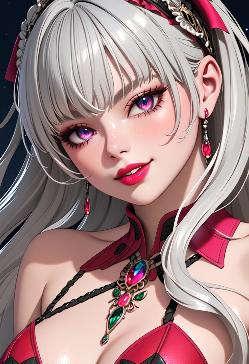 Silver hair, pink eyes, body, cat ears, woman, earrings, fantasy background, pink red clothes, hair bows, happy face