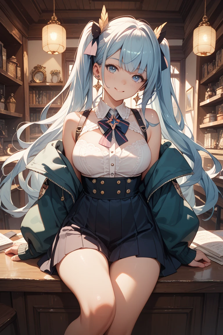 Character Details:, - Gender: 1 Girl.
- Style: Anime, - Body Type: Attractive body, slim body, nice legs, slim tights, nice arms, nice shoulders. - Breast: ((Small Breast:1,5)), Cleavage.
- Facial Features: Beautiful, Gorgeous, Teenager, Fresh, Young.
- Expression: Smile, Pink Blush on Face, Sexy Eyes, Sexy Look, Innocent Look, Tipsy. - Hairstyle: Blunt Bangs, Long Hair. - Hair Color: Light Blue Hair.
- Clothing: Office Shirt, Stocking, Messy, Button Opened. - Body Pose: Sitting on Desk, Closed Leg. - Behaviour: Waiting Alone, Want Something, Secretly.
- Accessories: Earrings., Environmental Details:, - Setting: Office Room., - Lighting: Natural Light., - Decoration: Modern Office Desk, Chair, Window, White Curtain, City View. Top view. pov, anime style, UHD, retina, masterpiece, accurate, anatomically correct, textured