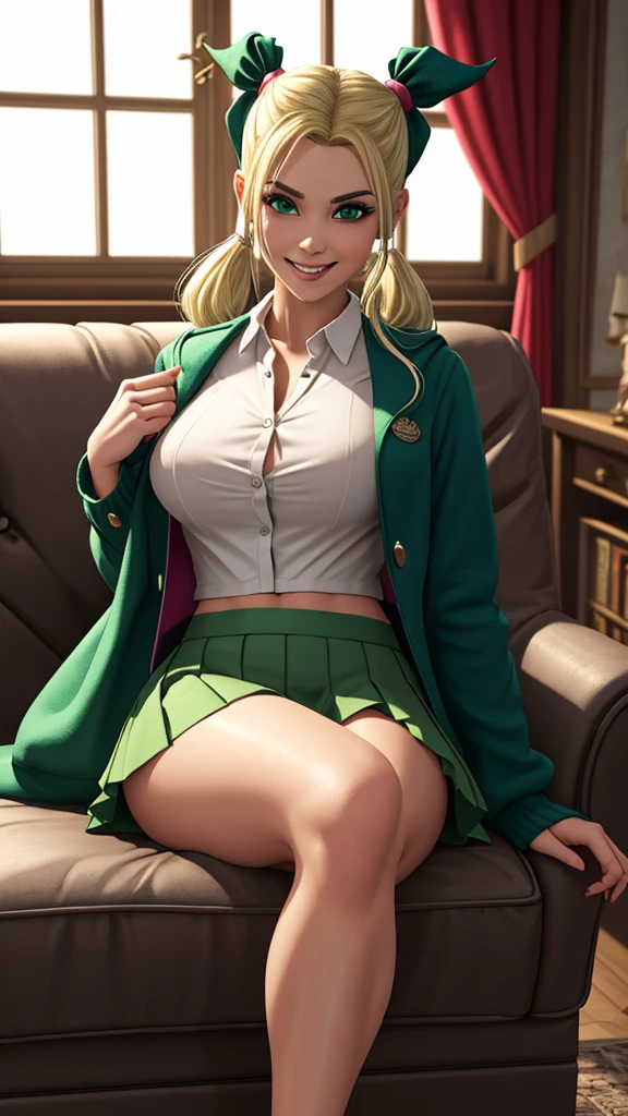 masterpiece, best quality, <lora:honjouranko-nvwls-v1-000008:0.9> houjou ranko, dark skin, hoop earrings, necklace, tied shirt, purple bra, green skirt, large breasts, socks, mary janes, sitting, cityscape, from side, looking at viewer, smile