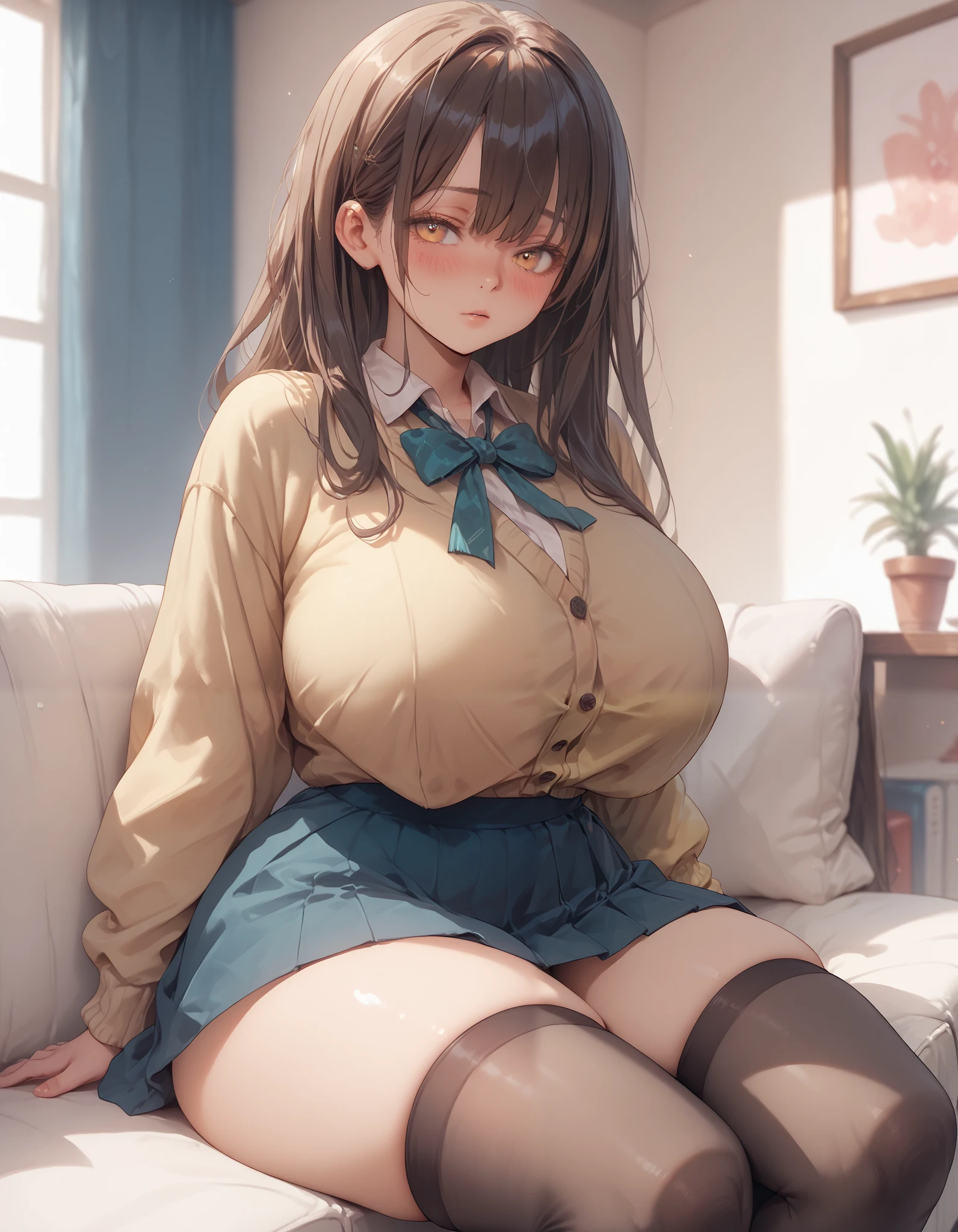 A highschooler girl with long brown hair, amber eyes, huge breasts, thick thighs, warm light, living room, couch, blushing, shy gaze, Yellow Cardigan, Simple Blouse (White), Knee-Length Skirt (Dark Blue), black Stockings, thigh-high stockings