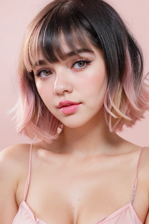 beautiful girl, brown eyes, beautiful 18 year old girl, hair color [Brown highlights hair], [undercut pixie] hair, short hair, lips, realistic, narrow waist, charming, pink lipstick, colorful makeup, long eyelashes, fair skin, (cute), (detailed face), detailed eyes, detailed iris, (large breasts:1.2), smirk, (cowboy shot), (short shorts)