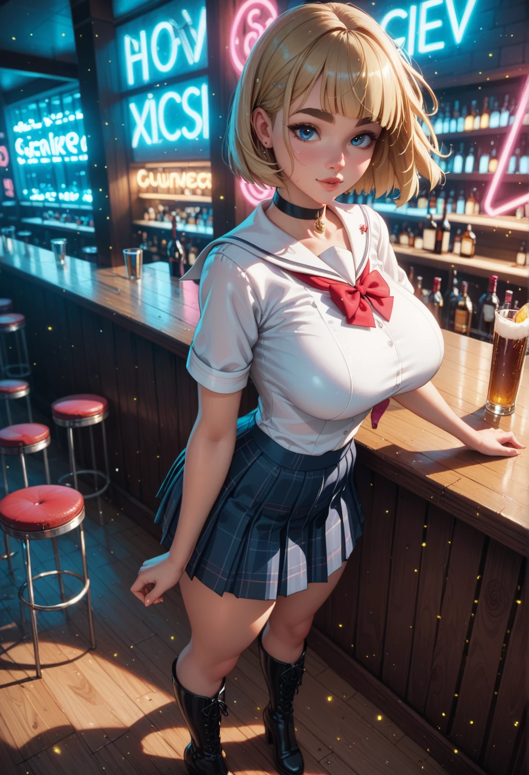 A perfect depiction of beautiful hands and fingers(Increase contrast)、(Increase saturation)、(25 year old super beautiful girl)、(Fair skin)Beautiful woman with perfect figure、Cute Face、、(Lifelike face)、Short Bob、Blonde、Hair over the ears、Realな目、Natural Makeup、Beautiful details、(Realistic Skin)、Beautiful Skin、Charm、Ultra-high definition、超Real、Real、Very detailed、、bangs)、(White lightweight tank top、Knee-high boots、Cute Japanese Idols、Tartan、I can see the cleavage)((Very short mini skirt)) (((An urban and sophisticated cafe、)))sexy、sitting backwards、Stick your butt out、Beautiful valley、Super big 、Narrow waist、Long legs、Spread your legs(((Medium full shot from below and behind)))Shooting from below