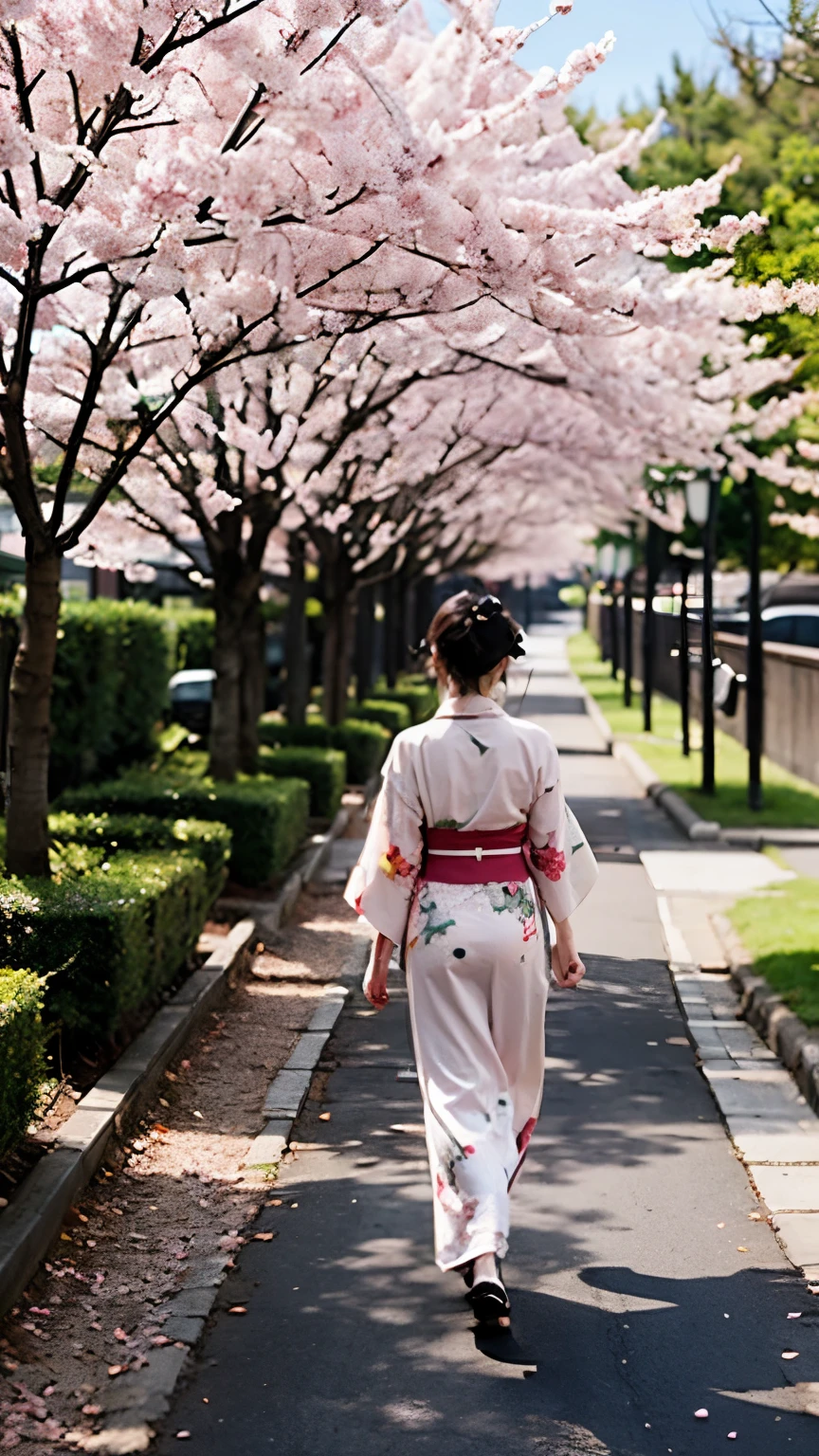A woman walks along a path lined with cherry blossoms in a kimono