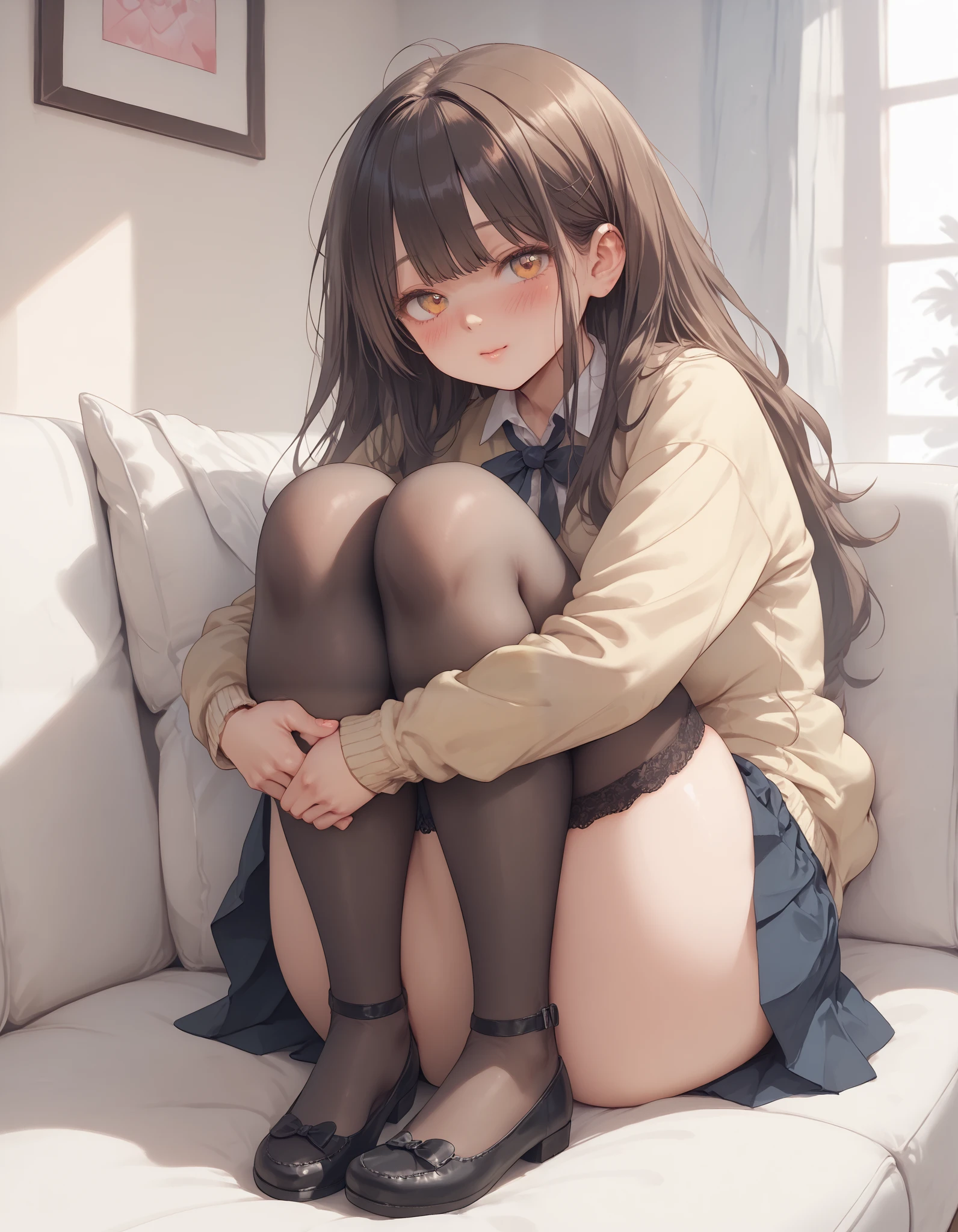 A highschooler girl with long brown hair, amber eyes, huge breasts, thick thighs, warm light, living room, couch, blushing, shy gaze, Yellow Cardigan, Simple Blouse (White), Knee-Length Skirt (Dark Blue), black Stockings, thigh-high stockings , brown mary janes, hugging legs, hearts
