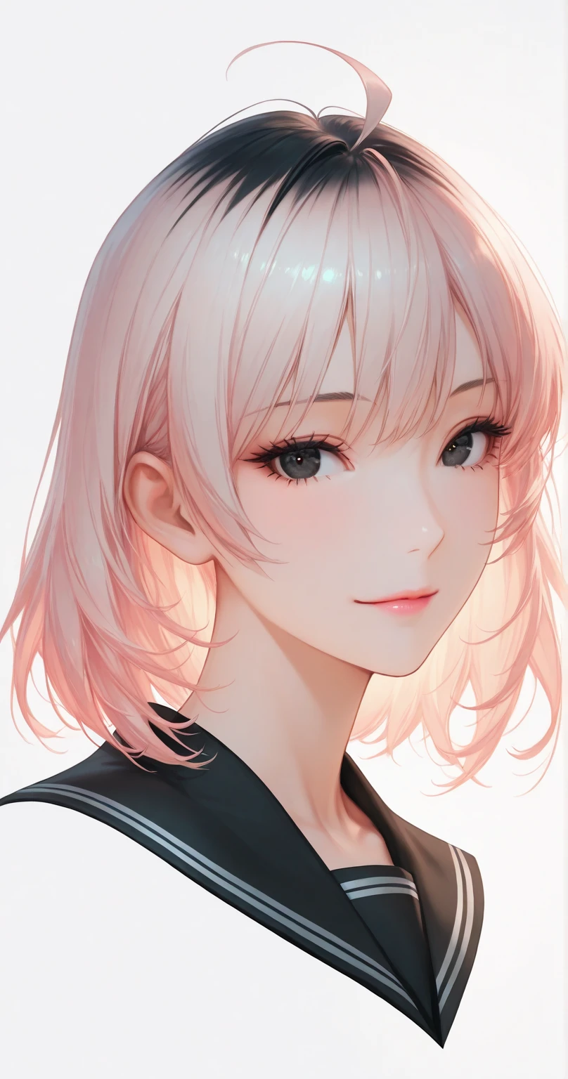 score_9, score_8_up, score_7_up,source_anime, high res image,masterpiece,best quality,girl,cute face,clear skin,simple_background,white hair,short hair,pink eyes,inner_pink_hair,smirk,cleavage,