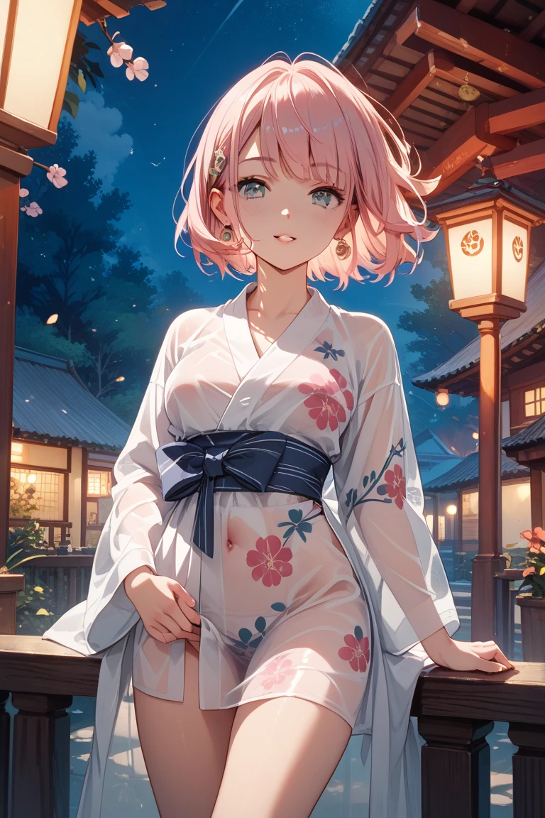（masterpiece）、(highest quality)、((Super detailed))、(super delicate)、pastel colored hair、beautiful breasts、yukata、Hot spring at night、fantastic starry sky