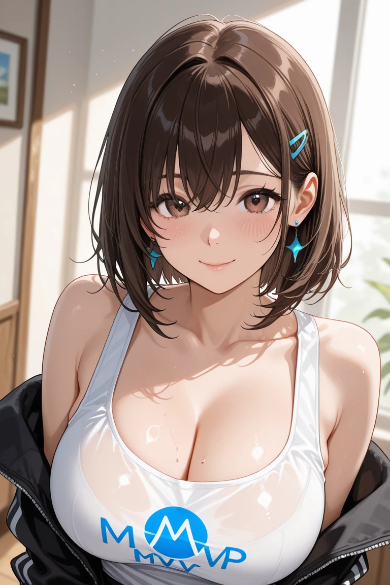 anegasaki nene、Shiny brown hair, short hair, (Beautiful brown eyes、Sparkling eyes, Fine grain)、smile、Super detailedな目、Highly detailed face, Highly detailed eyes,
(masterpiece, High resolution, Highest quality, Super detailed, Detailed Background, Cinema Lighting:1.2), (Beautifully detailed face, Fine grain), (Highest quality, High resolution, Realistic), Portraiture, Elegant mature woman, , See-through tank top, chest, Ultra-fine CG 8K, Beautiful CG, Soft Light