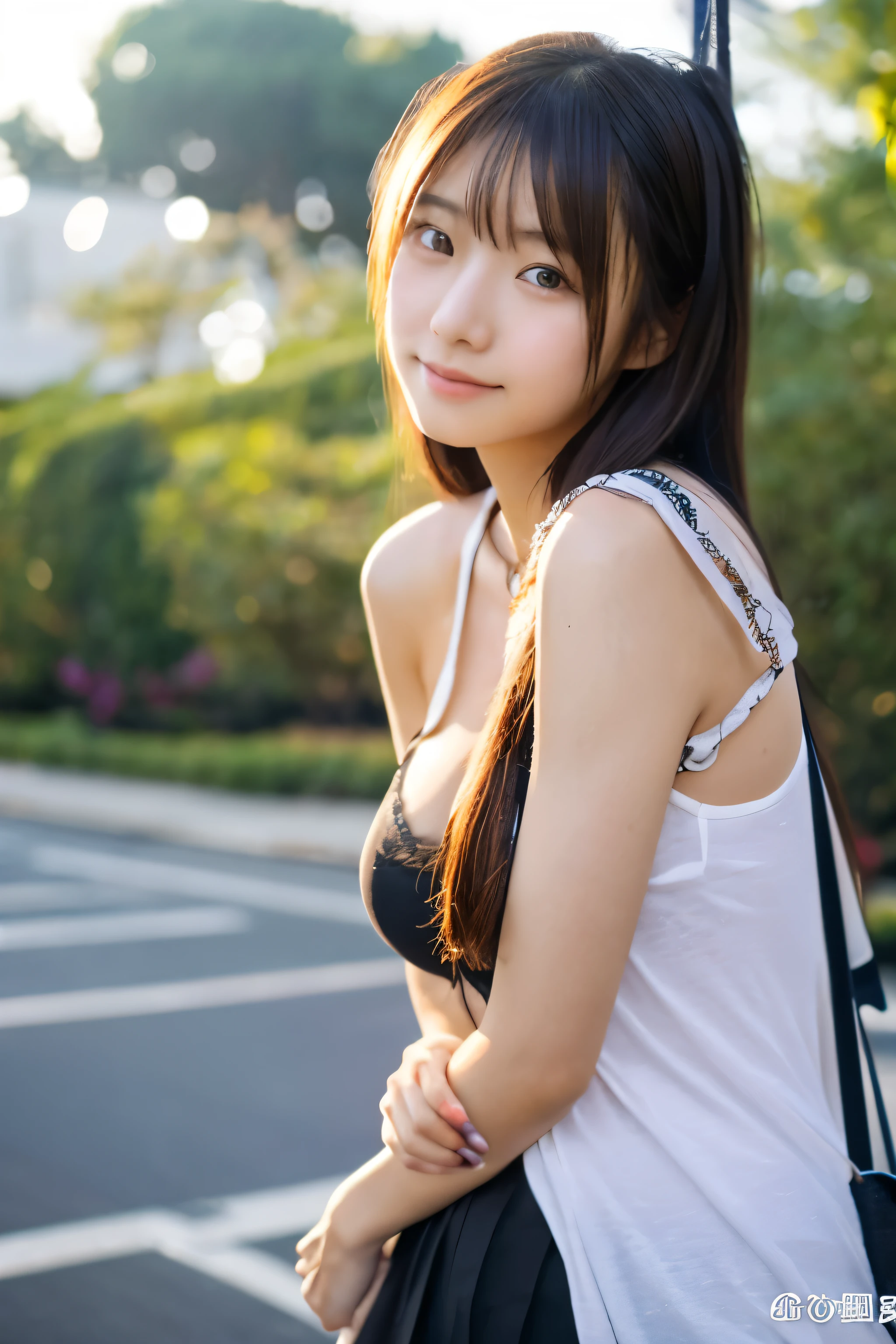 (best quality), masterpiece, photorealistic, portrait photo of a japanese woman, 20 years old, realistic skin, eye catch, medium breasts, off-shoulder t-shirt, at cafe
