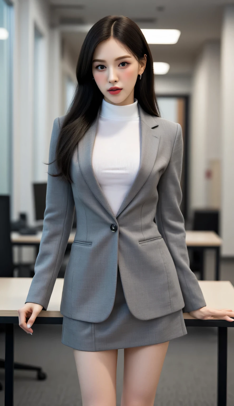 Ultra-high resolution, Accurate, Anatomically correct, Textured skin, Attention to detail, 8k, A woman in a suit takes a photo, a hyperRealistic , hyperRealistic , Wear a proper business suit, photoRealistic perfect body, Realistic , On the desk, standing On the desk, ultra Realistic picture, Wearing a strict suit, Realistic shaded perfect body, Dressed in a strict suit, photoRealistic girl render, A light smile,