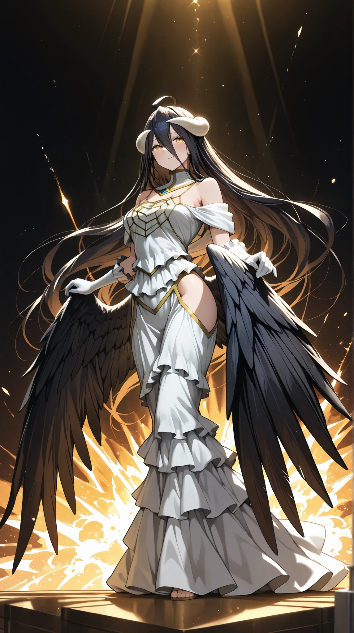 Albedo, overlord, masterpiece, best quality, highres, al1, demon horns, slit pupils, maid dress, bare shoulders, detached collar, cleavage, black wings, feathered wings, low wings, cowboy shot, outdoors, maid seifuku, black dress maid, in maid dress, maid uniform,