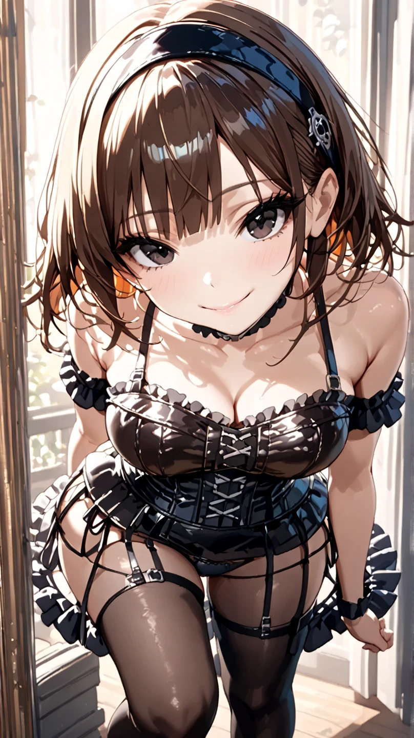 1girl, solo, masterpiece, best quality, high res, highly detailed, illustration, beatiful detailed eyes, yuigahama yui, single hair bun, glossy lips, light makeup, blush, from above, looking up at viewer, lips parted, kneeling, strapless corset, (fishnets), choker, lace panties, wood floor