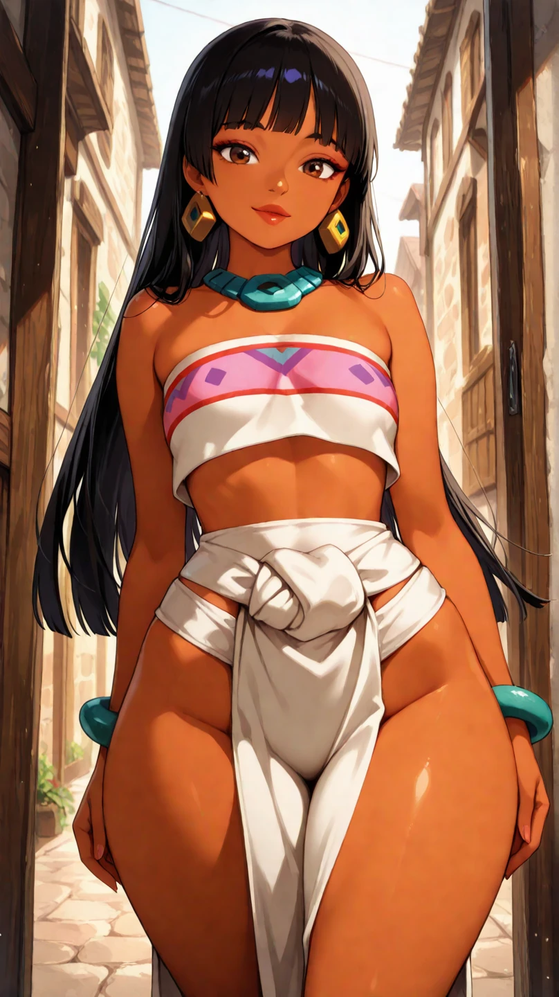 1girl, higres, Stable Diffusion 3, black hair, breasts, dark-skinned, female, dark skin, ((loincloth)), loincloth pull, partiali visible pussy, mayan, medium breasts, midriff, full body, nipples, nude, orange eyes, ponytail, shield, topless, tribal warrior, siting, oppen legs, hips bone, exsesive pubic hair, extremely transparent clhotes, knees up, smile, forest background, hanging breasts, camell toe