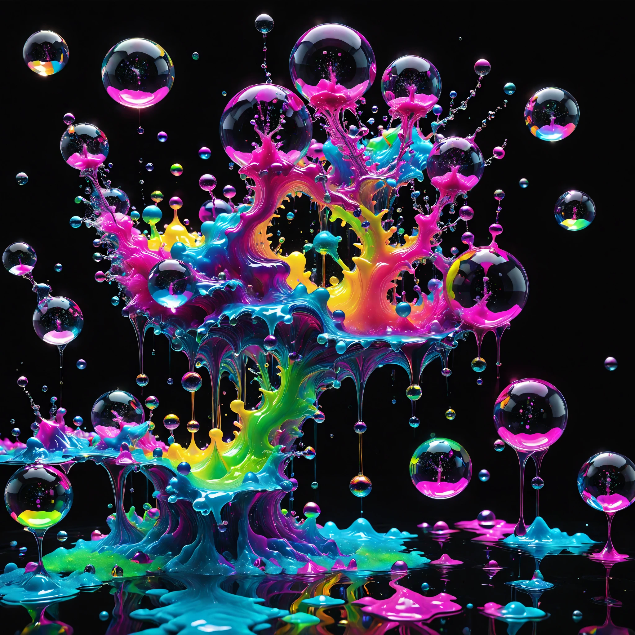 Ultra-realistic, ultra-detailed, photo-realistic, cinematic lighting, cinematic portrait, cinematic photography, portrait photography, cinematography, full focus, UHDR, hyperrealistic,3D.Balls and orbs are quickly filling with multicolored liquid from melted candy pieces that soon overflow from one glass orb into another in a psychedelic dream, brought on by psilocybin and a fever. Perfectly formed 360° symmetrical glass spheres rise up in an inky black liquid solution. The melting candy is heavier than the solution, and they are overflowing into glass spheres floating beneath them. When they reach a certain height, they catch on fire and spin counterclockwise to the ground where more spheres rise up in their place. Beautiful psychedelic digital art, pixel art, neon colors, 4d mandelbulb psychedelics, glass like psychedelic landscape, intricate rainbow colored candy melt environment. Black liquid background air bubbles rise up and reflect light with psychedelic underwater brightness. LSD,DMT, Psilocybin, Mescaline, trails of color and light, bright fluorescent colors, psychedelic trip, fluorescent psychedelic aesthetic, psychedelic vibrant colors. Small portals blow bright bubbles up among the glass spheres. The bubbles are lighter and rise faster in bright psychedelic neon colors, colorful paint drips out of the bubbles as they rise high enough in 3D glory. Glass spheres melt into each other spilling out colours, visually disorienting, hallucination inducing, optical illusions a must, startling, stunning images, awe inspiringly, best quality wallpaper, Pixel Assets, Portrait photography, surrealism, Photorealistic, Hyperdetailed, Glass Morphism, Digital Art, Sparkle, Optical Illusion, Glowing Light, Reflection Light, Overexposure, God rays Backlighting, Depth Of Field, Rotational Symmetry, UHD, High Details, High Quality, Super Detailed, Best Quality, incorporate a lot of neon green, neon pink, and electric blue edging ,trim and white lightning.Looking at viewer,