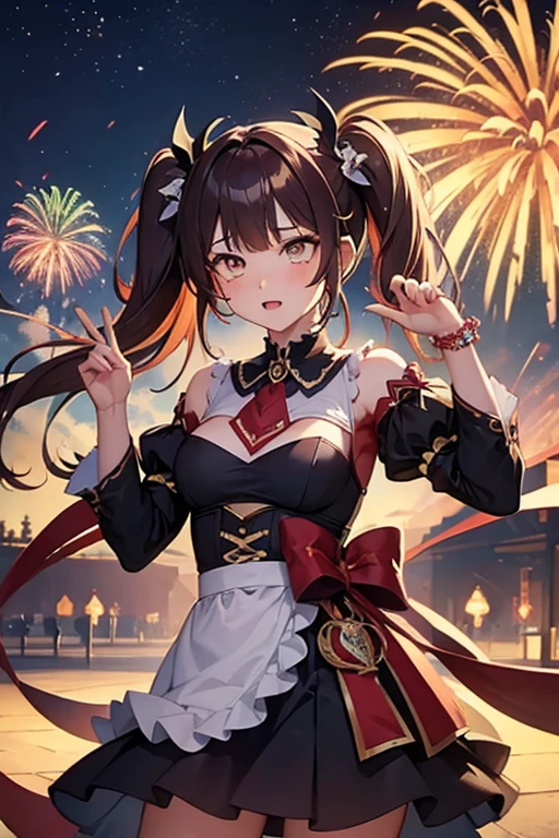 (masterpiece), (High resolution), Black Hair, Yellow Eyes, Twin tails, Wearing Japan traditional clothes, Fireworks in the background, [Cultural festival in the background], pretty girl, Perfect body, Perfect Face、Perfect hands, Have a candy apple, Happy, Laughter, Excited, Cute Smile, Pose for a photo, Facing away from the camera