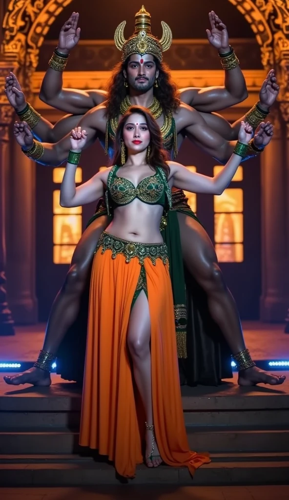 ((Best quality, 8k, Masterpiece: 1.3)), (realistic, photo-realistic: 1.37) A charismatic man wearing Egyptian Arabic clothes is surrounded by seven young Egyptian women in distinctive and sexy clothes wearing distinctive headbands with sexy lace meas bras. Sitting in a karaoke room. Seductive faces, Some hug and gently put their hands on his shoulders or body, creating an intimate and voluptuous scene. colourful discotheque lights and partying, full body shot, top quality, masterpiece, photorealistic, point of light

