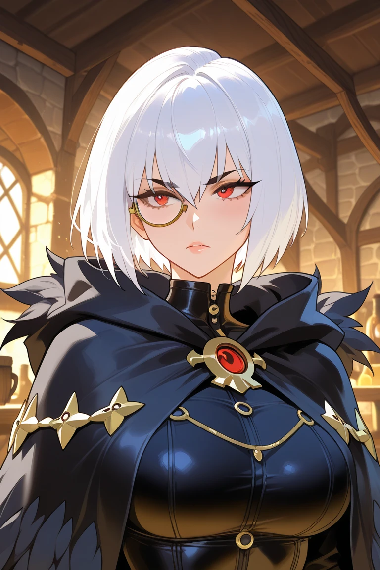 GBFFREESIA, CAT EARS, ERUNE, HAIR OVER ONE EYE, GLASSES, BLACK JACKET, BLACK NECKTIE, LONG SLEEVES, CLEAVAGE, WHITE COAT, COAT ON SHOULDERS, BELT, BLACK SKIRT, FISHNET THIGHHIGHS, 1girl, solo, upper body, facing viewer, (looking at viewer:1.5), in the center, smile,