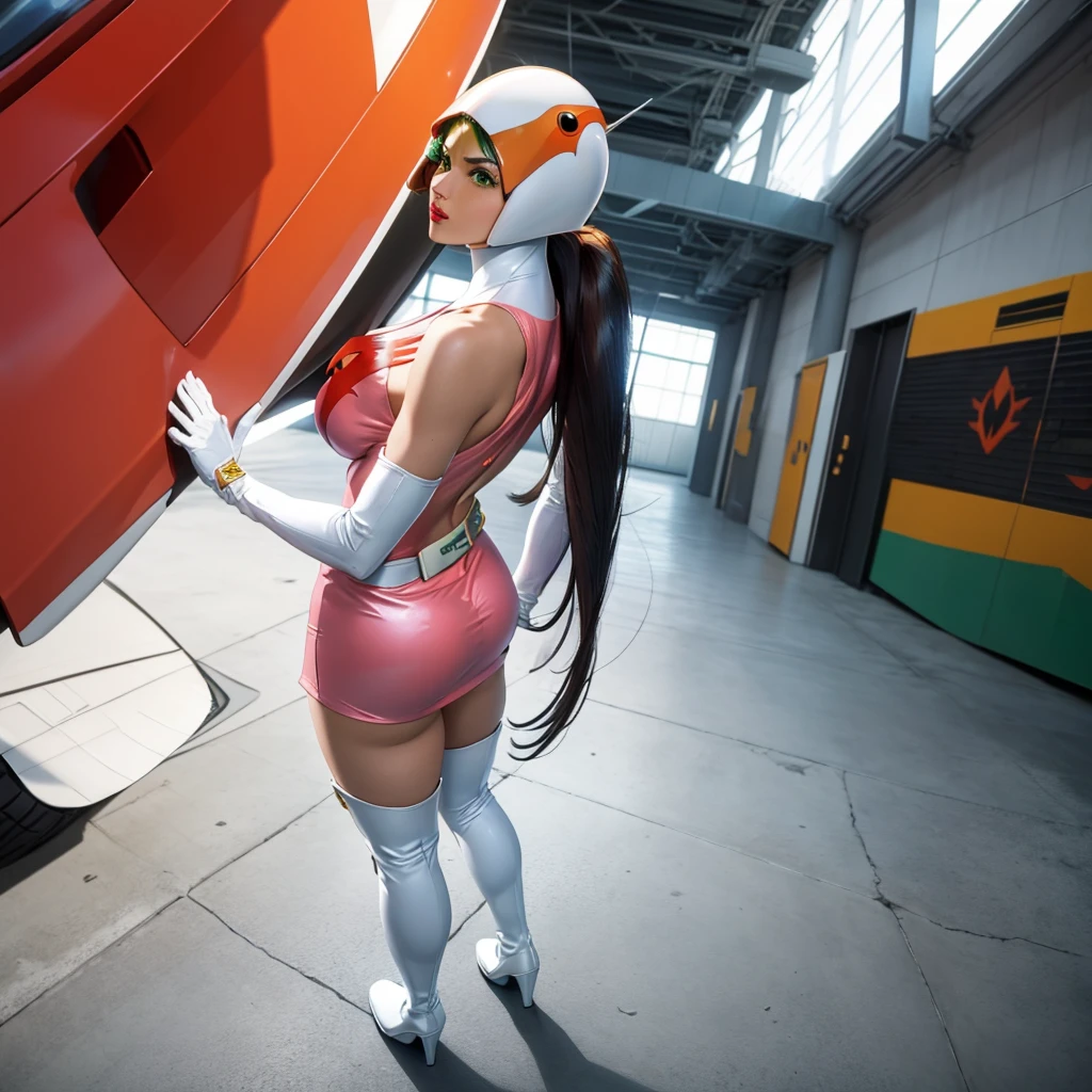 A cute woman in a sexy high tech pilot outfit gets into the cockpit of er Voltron red lion, set near a volcano
