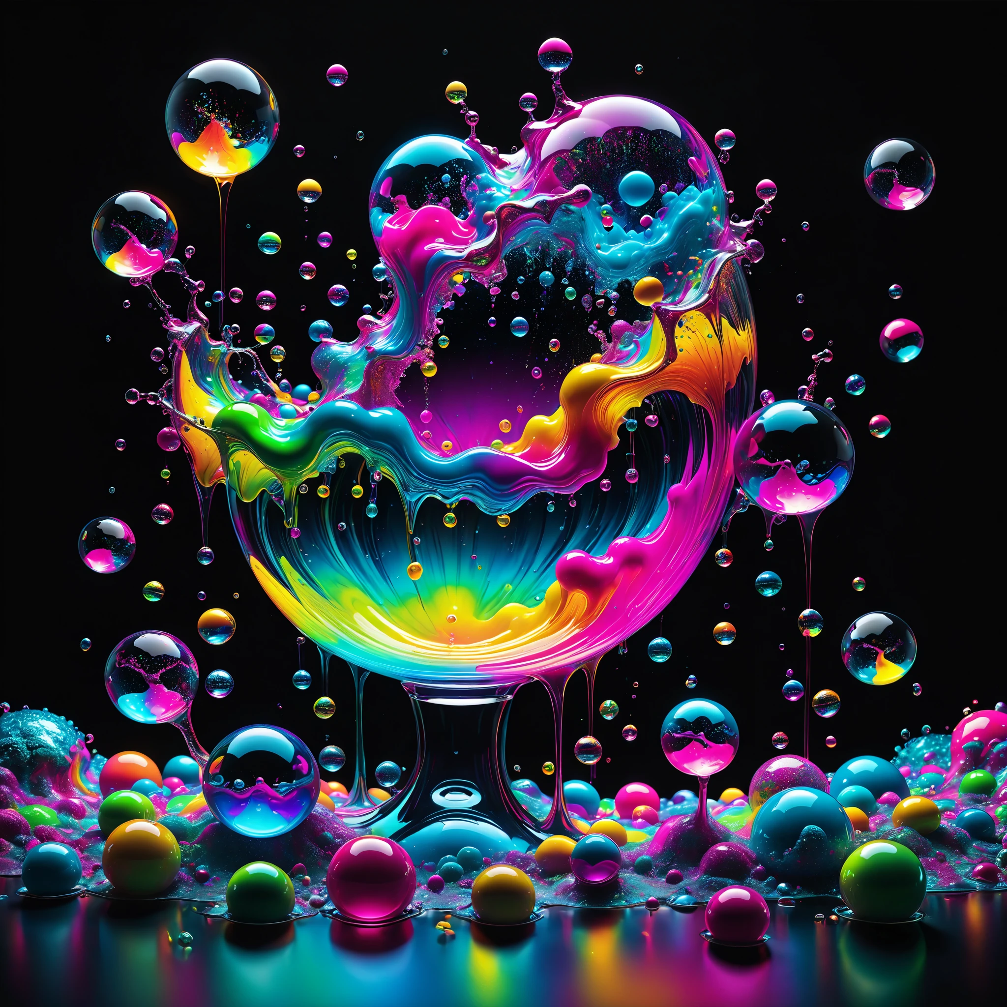 Ultra-realistic, ultra-detailed, photo-realistic, cinematic lighting, cinematic portrait, cinematic photography, portrait photography, cinematography, full focus, UHDR, hyperrealistic,3D.Balls and orbs are quickly filling with multicolored liquid from melted candy pieces that soon overflow from one glass orb into another in a psychedelic dream, brought on by psilocybin and a fever. Perfectly formed 360° symmetrical glass spheres rise up in an inky black liquid solution. The melting candy is heavier than the solution, and they are overflowing into glass spheres floating beneath them. When they reach a certain height, they catch on fire and spin counterclockwise to the ground where more spheres rise up in their place. Beautiful psychedelic digital art, pixel art, neon colors, 4d mandelbulb psychedelics, glass like psychedelic landscape, intricate rainbow colored candy melt environment. Black liquid background air bubbles rise up and reflect light with psychedelic underwater brightness. LSD,DMT, Psilocybin, Mescaline, trails of color and light, bright fluorescent colors, psychedelic trip, fluorescent psychedelic aesthetic, psychedelic vibrant colors. Small portals blow bright bubbles up among the glass spheres. The bubbles are lighter and rise faster in bright psychedelic neon colors, colorful paint drips out of the bubbles as they rise high enough in 3D glory. Glass spheres melt into each other spilling out colours, visually disorienting, hallucination inducing, optical illusions a must, startling, stunning images, awe inspiringly, best quality wallpaper, Pixel Assets, Portrait photography, surrealism, Photorealistic, Hyperdetailed, Glass Morphism, Digital Art, Sparkle, Optical Illusion, Glowing Light, Reflection Light, Overexposure, God rays Backlighting, Depth Of Field, Rotational Symmetry, UHD, High Details, High Quality, Super Detailed, Best Quality, incorporate a lot of neon green, neon pink, and electric blue edging ,trim and white lightning.Looking at viewer,