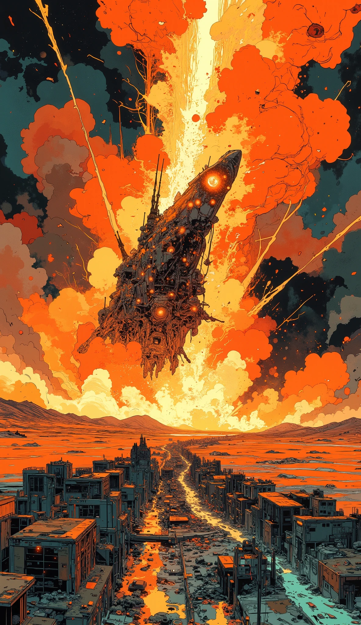 An incredibly spectacular mega dynamic bright spaceship crash, an image of a terrible impact of a huge collapsing spaceship on the surface of a beautiful colored planet, a powerful fiery explosion, a spectacle of cosmic destruction, a giant column of fire rips the hull of the spacecraft into a multitude of flying debris like comets, clouds of smoke and scattering of fiery sparks, heat and molten parts of the hull, terrible twisted metal fragments, destroyed buildings, flying stones, dust, reflections in the dark sky, crimson glow, a mesmerizing epic picture of the apocalypse, angular outlines, like blades, cut through the void, carrying a deadly threat, each clear line seems ready to tear the space around itself, shadows creep behind the explosions, exposing dark details, the cosmos has turned into a hell of destruction, a terrible explosion is a symphony of death and power. the ship leaves fiery trails behind it, and the planet collapses in a terrible catastrophe, absolute chaos, apocalypse, the general collapse of the planet and the crashed spaceship ruthlessly continues its deadly dance, while the universe bends in its fury, bright, luminescent fiery colors in contrast with the dark sky and the cold metallic hull of the spaceship, very high angle, linear perspective, color and tone perspective,main focus on impact and explosion, incredibly epic digital art, digital painting, highest detail, 64k format,
Information