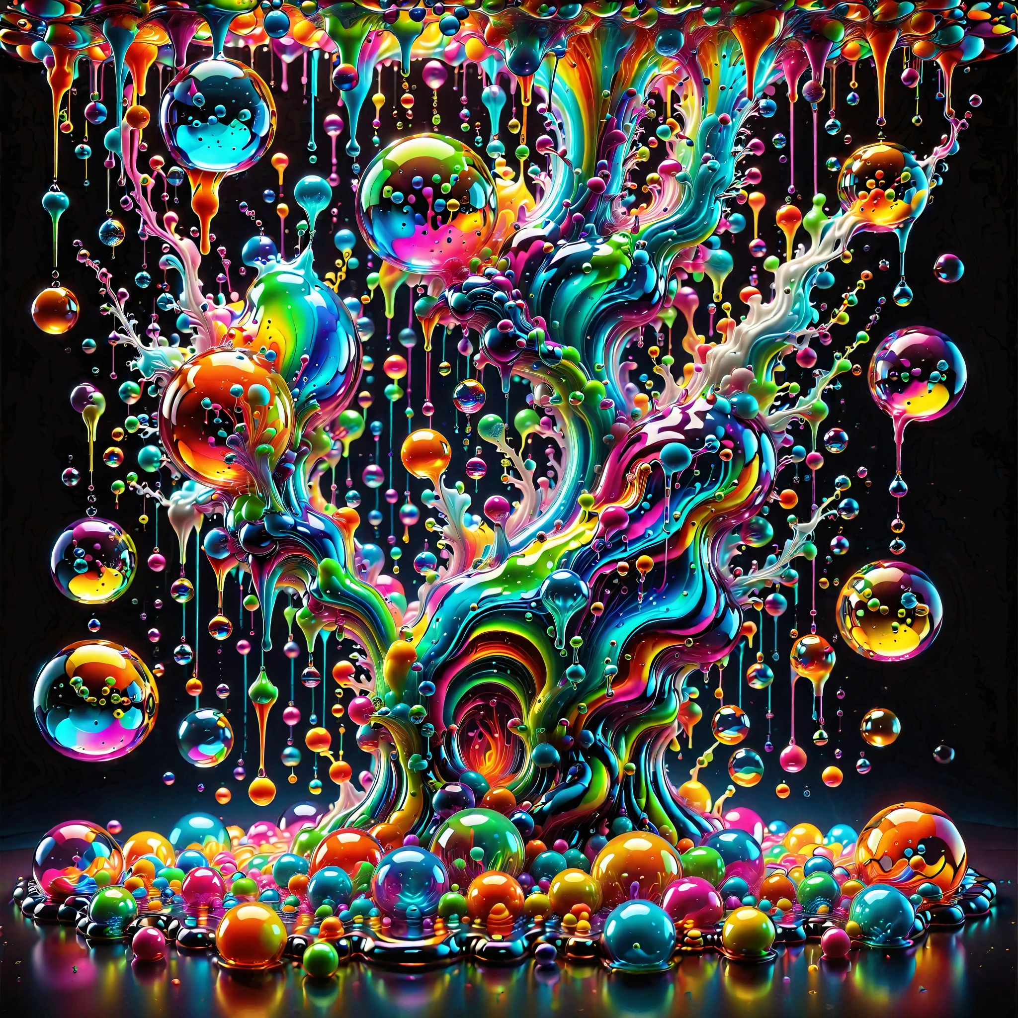 Ultra-realistic, ultra-detailed, photo-realistic, cinematic lighting, cinematic portrait, cinematic photography, portrait photography, cinematography, full focus, UHDR, hyperrealistic,3D.Balls and orbs are quickly filling with multicolored liquid from melted candy pieces that soon overflow from one glass orb into another in a psychedelic dream, brought on by psilocybin and a fever. Perfectly formed 360° symmetrical glass spheres rise up in an inky black liquid solution. The melting candy is heavier than the solution, and they are overflowing into glass spheres floating beneath them. When they reach a certain height, they catch on fire and spin counterclockwise to the ground where more spheres rise up in their place. Beautiful psychedelic digital art, pixel art, neon colors, 4d mandelbulb psychedelics, glass like psychedelic landscape, intricate rainbow colored candy melt environment. Black liquid background air bubbles rise up and reflect light with psychedelic underwater brightness. LSD,DMT, Psilocybin, Mescaline, trails of color and light, bright fluorescent colors, psychedelic trip, fluorescent psychedelic aesthetic, psychedelic vibrant colors. Small portals blow bright bubbles up among the glass spheres. The bubbles are lighter and rise faster in bright psychedelic neon colors, colorful paint drips out of the bubbles as they rise high enough in 3D glory. Glass spheres melt into each other spilling out colours, visually disorienting, hallucination inducing, optical illusions a must, startling, stunning images, awe inspiringly, best quality wallpaper, Pixel Assets, Portrait photography, surrealism, Photorealistic, Hyperdetailed, Glass Morphism, Digital Art, Sparkle, Optical Illusion, Glowing Light, Reflection Light, Overexposure, God rays Backlighting, Depth Of Field, Rotational Symmetry, UHD, High Details, High Quality, Super Detailed, Best Quality, incorporate a lot of neon green, neon pink, and electric blue edging ,trim and white lightning.Looking at viewer,