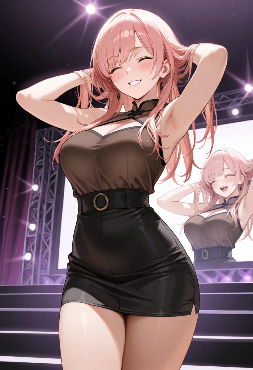 standing, arms crossed, tight-skirt, one-piece dress,胸が大きい, night, blush, posing, long hair, from below,Club,Live show,Music Festival,
