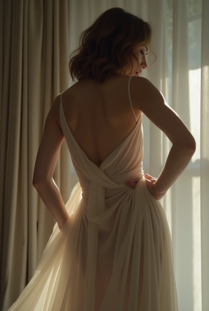 beautiful american asian girl, gazing at camera, ballerina, booty peek, sideboob, sweaty skimpy wet disheveled panties, freckly sweaty skin, sweaty long blonde hair, dress peeking, bathing in backlighting, shot from the back, backview, photo from the back, opening buttons, sunrays, petals falling, roses, opening shirt, showing clevage, butt, fog, haze, sweaty, dripping, hot girl, showing clevage, rose petals, beautiful face, sunlit, in attic, covered in flowers and petals, godrays, cozy, wet skin, morning dew, backlighting, hazy, golden hour, morning light, erotic mood, alone, countryside, shy, masterpiece, best quality, ultra-detailed, solo, smoke, shadows, contrast, close-up, cinematic light, side lighting, ultra high resolution, best shadow, RAW, 4k, sexy, cleavage, style of david hamilton,