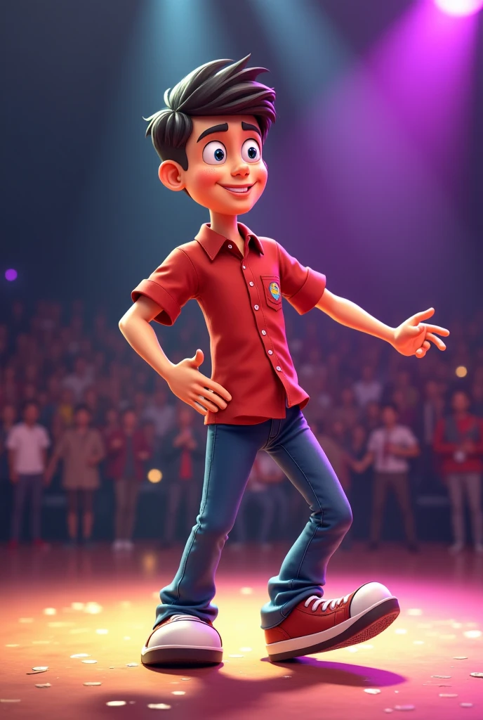 A 16 year old boy with brown hair dancing with his arms loose, smiling at a party celebrating in a white t-shirt without drawings and long blue pants