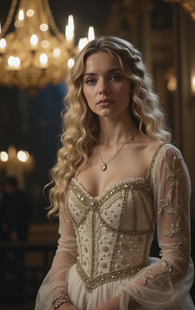 14 year old Margaery Tyrell from the song of ice and fire series. she has filled out, with c cup breasts and an hourglass figure. she is wearing a gown styled after one she wore in the game of thrones tv series.