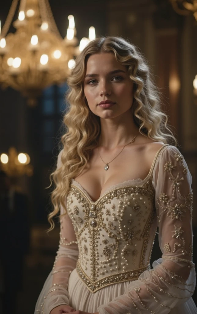 (Best quality, High Resolutions, realistic), Ciri, 13 years old, (Freya Allan). Beautiful princess dress, Deep neckline, large breasts, Intricate lace details, Shiny satin fabric, Exquisite embroidery, Majestic gold accents, Flowy layers, delicate tulle skirt, Princess tiara, Sparkling gems, Royal backdrop, dreamy atmosphere, Soft lighting , Vibrant color palette, Enchanting fantasy setting, photo.
