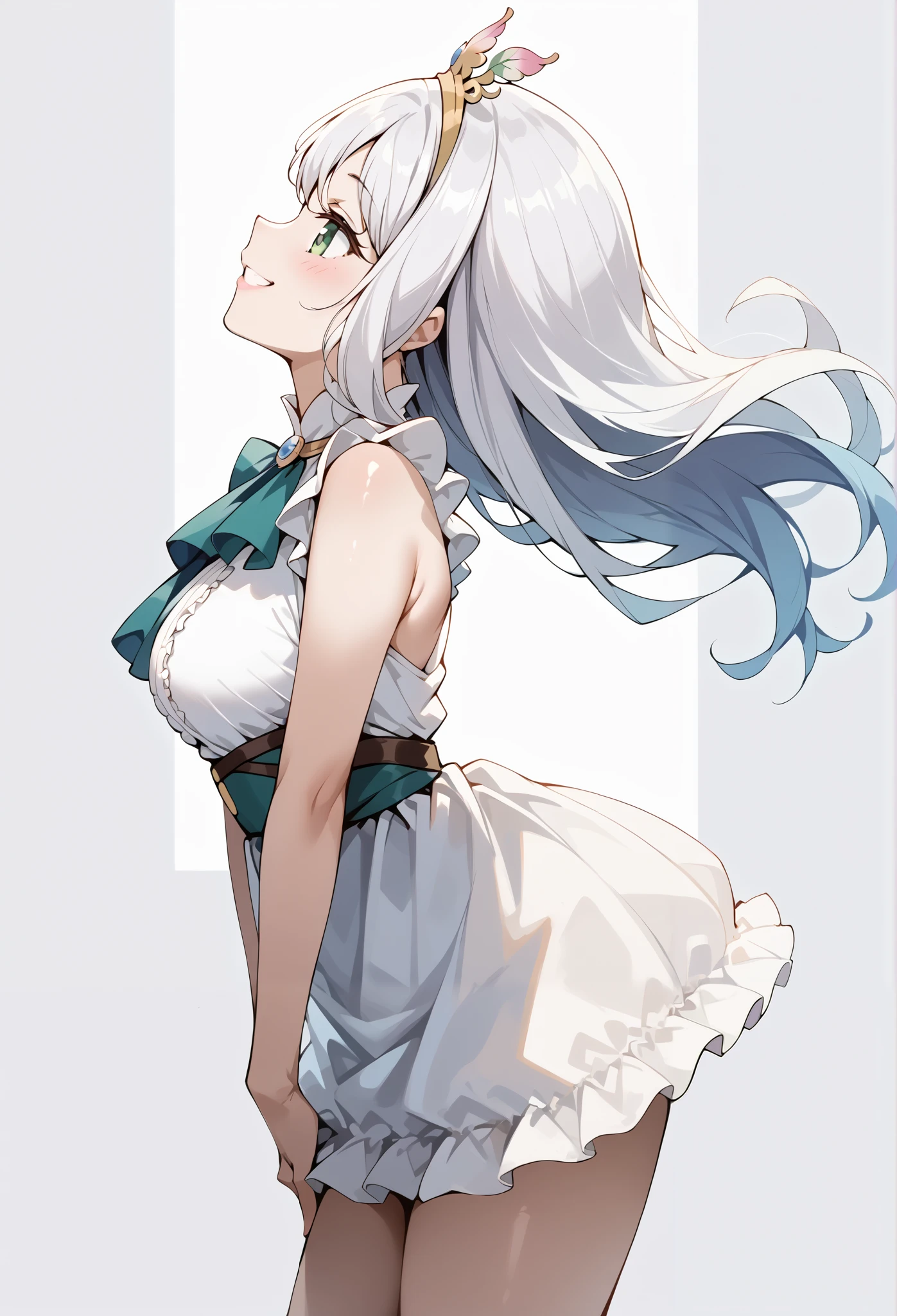 score_9, score_8_up, score_7_up, source_anime, 4K,perfect fingers,(perfect hands, perfect anatomy),prefect lighting, very aesthetic, intricate details,highly detailed background, masterpiece, high quality, best quality, high resolution,
1 girl,solo,Kokoro(Princess Connect),large breast,,
wearing ((casual dress, frills,ornate clothing, )),,
(feature large highlight:1.4), ( cowboy shot:1.4),(arched back:1.4), on back,One Girl, smile, ((White plain background:1.5)) , ((front look:1.5)), ((leaning forward:1.3)), ((Side View:1.4)),