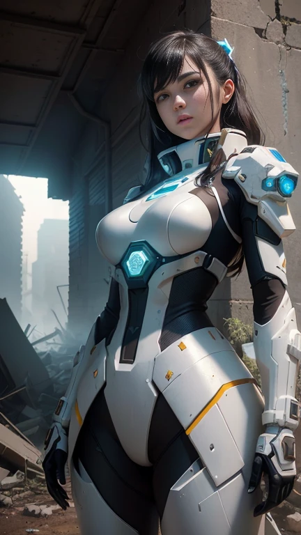 A woman in a futuristic cyberpunk mech holding a sword, full-size photo, long legs, slightly fat, belly button, transparent skin, perfect body shape, artistic femininity, macro distance, mechanized Valkyrie girl, Fira white mech, mecha network armored girl, female mech, extremely detailed Artgerm, Overwatch echo, gorgeous female paladin, advanced rendering, depth of field