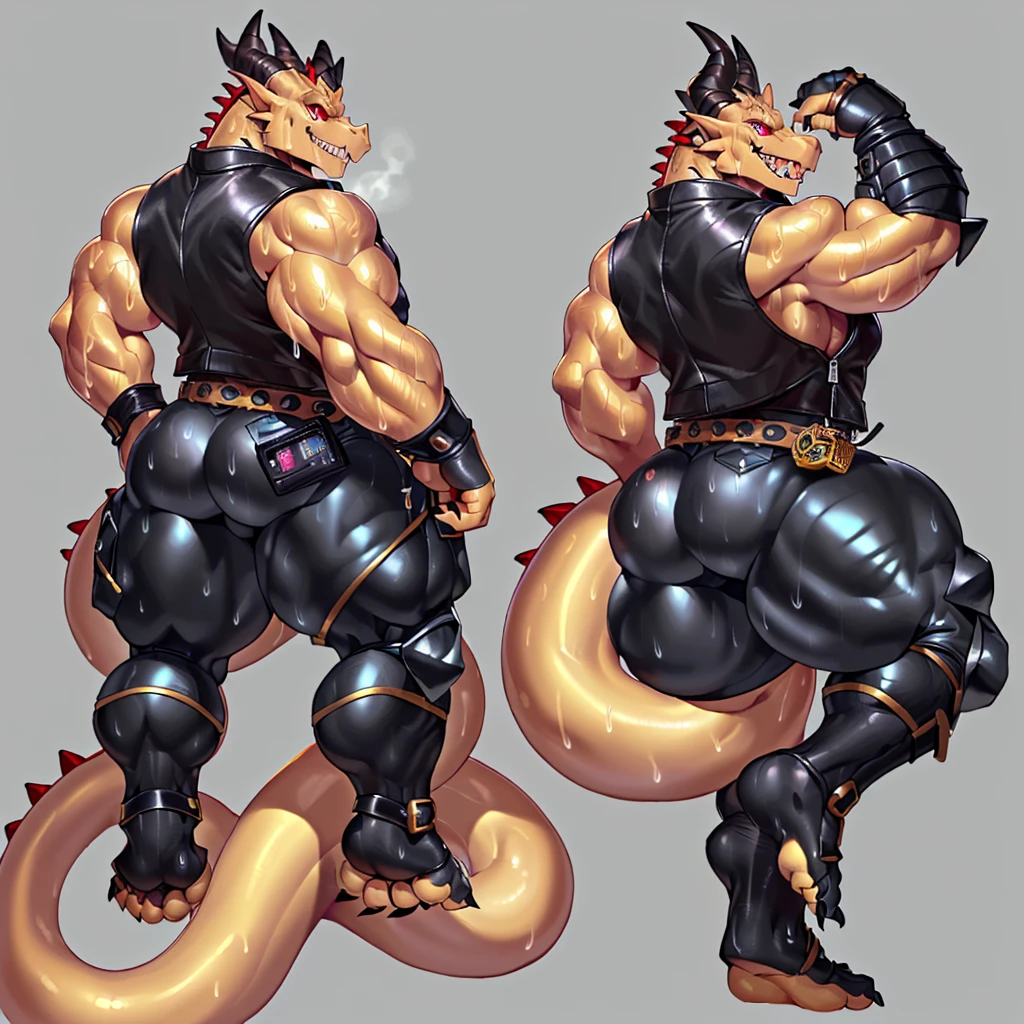 there are two different poses of a gray dragon male, back position, front position,sketches of a dragon male, pink dragon fursona, [ character design ], character adoptable, anthropomorphic dragonmale, tome + concept art, full body concept, fursona art, fursona commission, character design contest winner, big muscular, red sport shoes, wearing harness, white jockstrap, nipple piercing