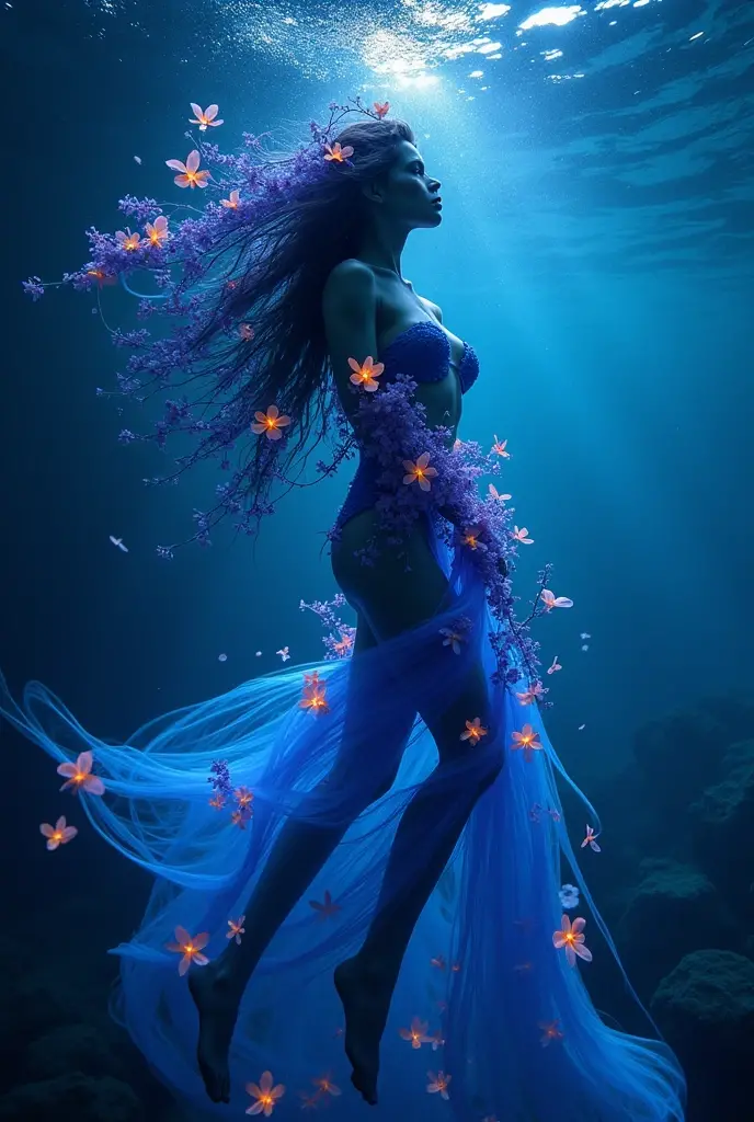 (masterpiece, best quality:1.2), (realistic), photorealistic, high quality, super detailed, 8K Ultra HD, beautiful and sexy Bioluminescent woman with a slim figure medium teardrop breasts, long hair, swimming, beautiful flowing Bioluminescent flowers forming a beautiful woman, full depth of field and realistic textures, underwater environment, ray of moonlight, cinematic lighting, vivid light, vibrant color