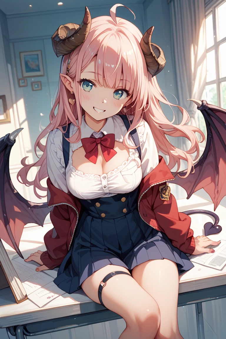 (1girl in:1.2), (Solo:1.2), nffsw、Shaders、Brilliant Textured Work、Ultra-detailed eyes、ultra-intricate pupil in eyes、top-quality、Pink hair、Succubus Wings、Succubus tail、Succubus Boots、(Pink school uniform:1.2)、very large breast、cleavage cut out、length hair、seducting smile、seductiv、Turn your hand towards us、flying、pleatedskirt、