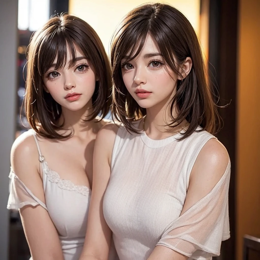 (high-level image quality、high-detail、hightquality、hight resolution、Draw everything in high resolution)、Intense crystal light blue eyes、Very small diamond-shaped earrings、Gaze firmly into the camera、Put your ears out、Smiling very happily:1.5、Very beautiful teeth、Very beautiful tooth alignment、Beautiful very short black hair、very short beautiful hair with beautiful bangs,、Short bob cut、Bangs without straight beauty、beautiful decollete、Beautiful and cute 28 years old、lipgloss、long neck、Happy smile、Beautiful teeth alignment、Beautie、Pretty Woman、Very white business shirt with open collar:1.1、Very white business shirt with open chest:1.5、lengthen the left and right ends of the bangs、Beautiful composition、tall supermodel、Supermodel with broad shoulders、Beautiful cleavage、very slightly enlarged eyes、Light in the eyes、Very beautiful décolleté、Very small face、Very mature and beautiful woman、Head close-up