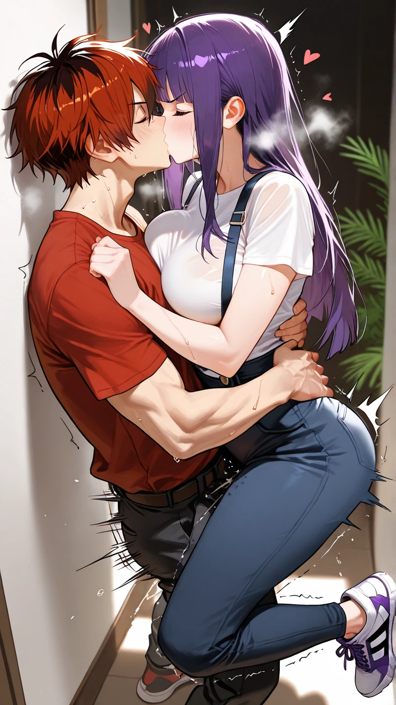 (vivid colorful anime)They're having fun, fooling around like lovers.(A muscular man with (long black hair)) and a( petite woman with small breasts, (a bob cut), and orange hair).Priests and Sisters,
Fantasy world, large pavilion corridor,