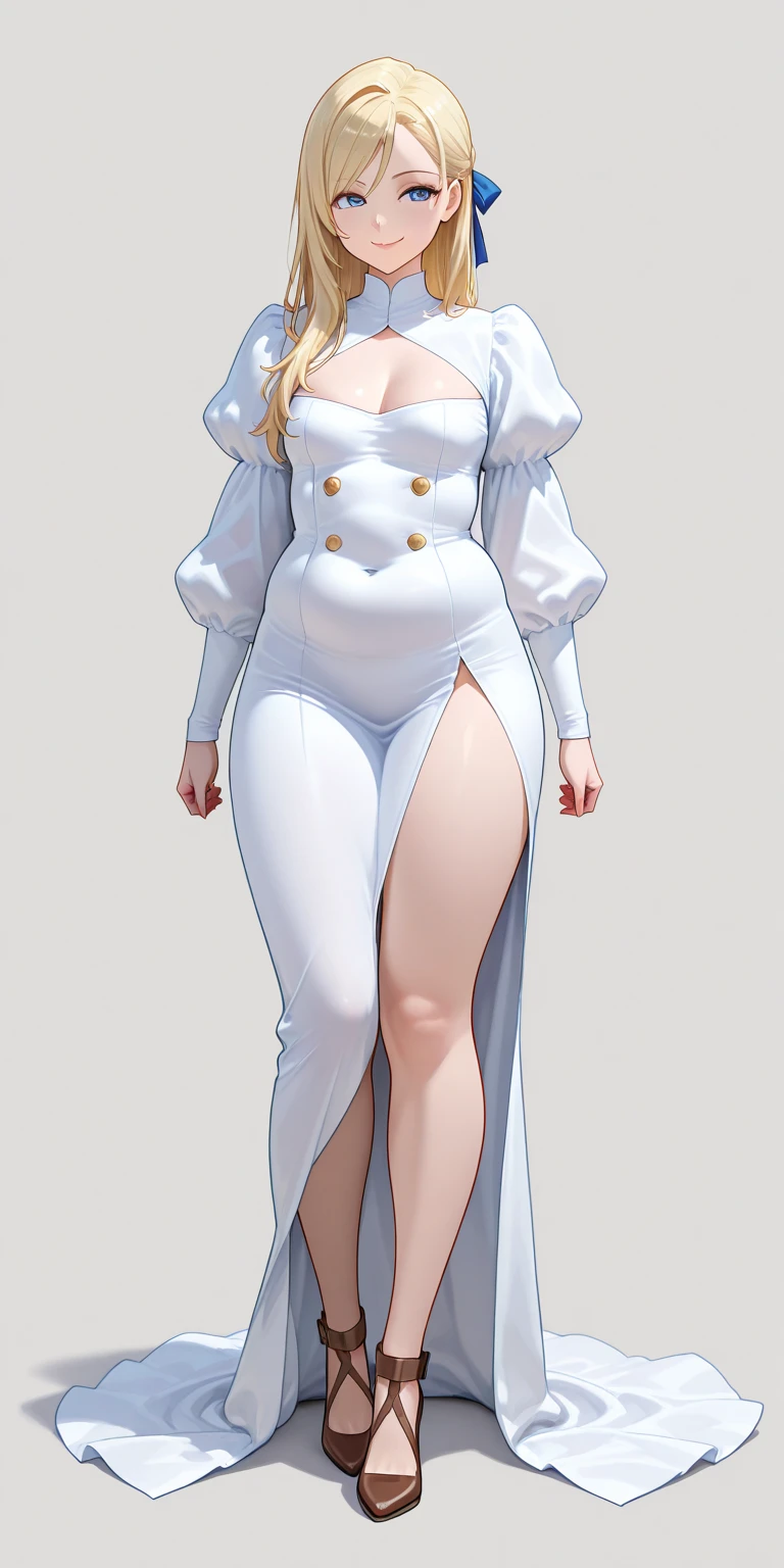 ((masterpiece,best quality,8K,high resolution)),((character concept art)), 1 female, noble, Old money atmosphere, supermodel, fashion model, 35 years old, (long blonde hair), blonde hair, (fair complexion), Ultra-fine eyes (blue eye color), extraordinary gorgeous, grace, charming, clever, calm, Perfect body ((Slim and curvaceous)), ((intricate details)), Super delicate hand details, super fine fingers(((Ten fingers))), Wearing a white blazer、White shirt and white pants  (stand still), (full body display), ((Show the whole body)), (No logos on background), (No logo), ((solid color background)), ((solid color background)), (((empty background)))