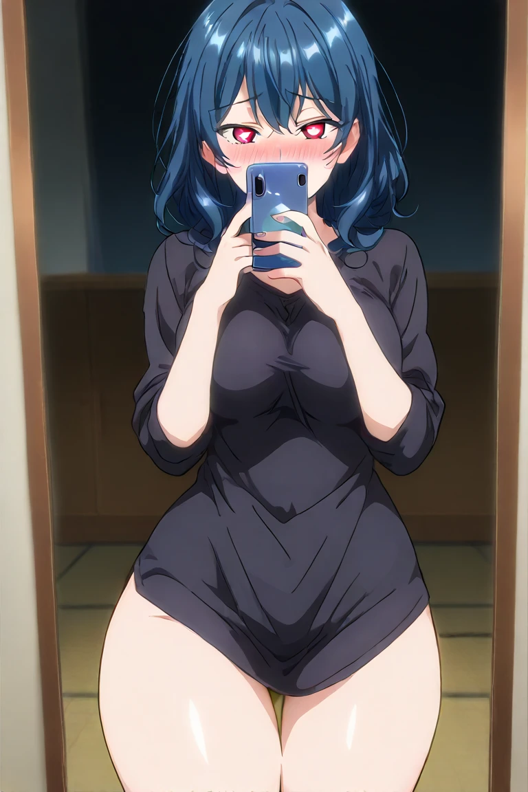 dark room, high resolution image , masterpiece background, of high quality, great quality, absurdres,ultra detailed black shirt,8K, anime_ source , source _anime, anime screencap, Alone, 1 woman, (selfie), holding blue phone, Covering the mouth , naked, curvilinear, big breasts, wide hips, big butt, thick thighs, (half-open eyes), embarrassed, blush, blue hair, tired hair, heart-shaped pupils, vista frontal, in front, Single, messy room,