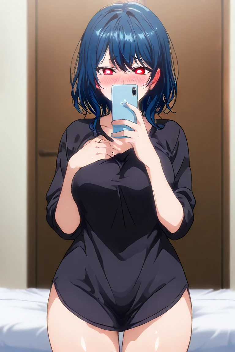dark room, high resolution image , masterpiece background, of high quality, great quality, absurdres,ultra detailed black shirt,8K, anime_ source , source _anime, anime screencap, Alone, 1 woman, (selfie), holding blue phone, Covering the mouth , naked, curvilinear, big breasts, wide hips, big butt, thick thighs, (half-open eyes), embarrassed, blush, blue hair, tired hair, heart-shaped pupils, vista frontal, in front, Single, messy room,
