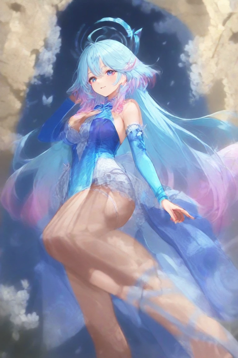 1girl, solo, Blue long hair, wearing blue mage robe, wearing white stockings, big ass, blue eyes, full body, beach background , pink lips, blush , tall, curvy, detailed, best quality, close up, full body
